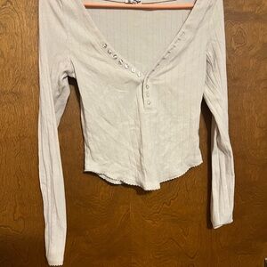 Cream Fitted Ribbed Long Sleeve Blouse